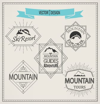 Vector mountain logos and emblems in outline style. Set of Retro Vintage Insignias and Logotypes. Labels, Badges, Frames and Other Design Elements.