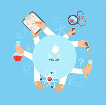 The concept of science and education. Scientists with molecules, formula, bulb, vector illustration.