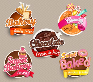 Food Label or Sticker - bakery, chocolate, sweet baked, candy,sweet bakery - Design Template. Vector illustration.