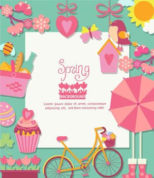 Spring background with cuteicons and frame for text design, vector illustration.