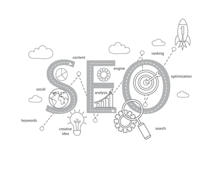 Concept of SEO word combined from modern thin line elements and icons which symbolized a success internet searching optimization process. Vector illustration.