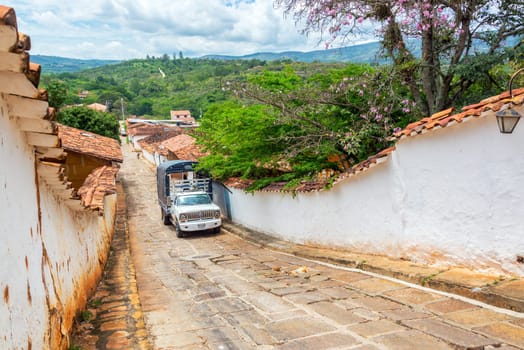 BARICHARA, COLOMBIA - MAY 5: Old truck parked on a colonial street in Barichara, Colombia on May 5, 2016