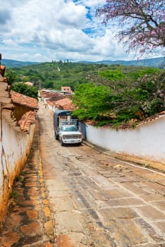 BARICHARA, COLOMBIA - MAY 5: Old truck parked on a colonial street in Barichara, Colombia on May 5, 2016