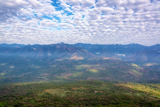 Dramatic landscape of a valley and hills as seen from Barichara, Colombia