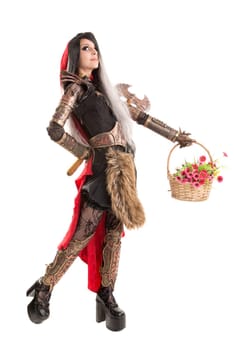 Girl in a dark Red riding hood costume, with flowers and hidden weapon