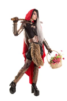Girl in a dark Red riding hood costume, with flowers and hidden weapon