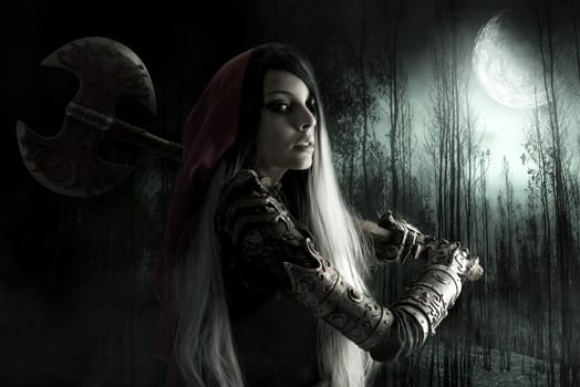 Dark Red riding hood in a forest