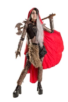 Girl in a dark Red riding hood costume isolated in white