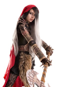 Girl in a dark Red riding hood costume isolated in white