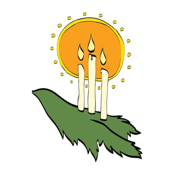 Christmas candles shining through the branches of a tree, color vector illustration. New year and holidays