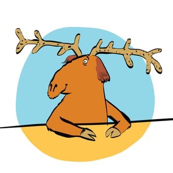 Christmas reindeer or moose, color vector illustration. Animal character sitting at a table