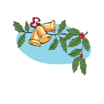Christmas bell on berry branch, color vector illustration. New year and Christmas
