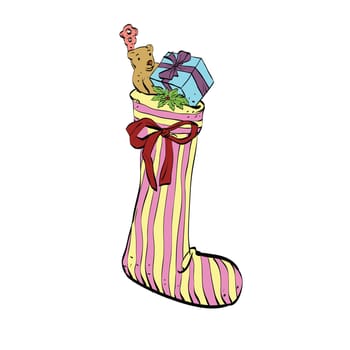 Christmas sock for gifts from Santa, color vector illustration. New year and holidays