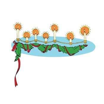 Christmas garland, candle and fir branch. color vector illustration. New year and Christmas