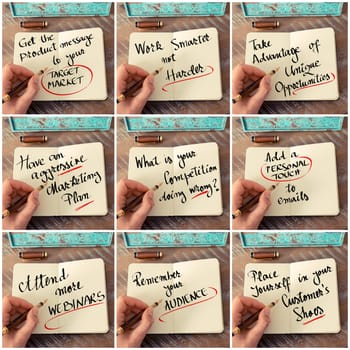 Photo collage of handwritten business motivational messages. Retro effect and toned image of a woman hand writing a note with fountain pen on a notebook as business concept image.