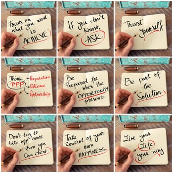 Photo collage of handwritten business motivational messages. Retro effect and toned image of a woman hand writing a note with fountain pen on a notebook as business concept image.