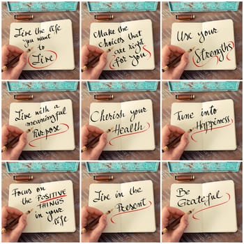 Photo collage of handwritten business motivational messages. Retro effect and toned image of a woman hand writing a note with fountain pen on a notebook as business concept image.