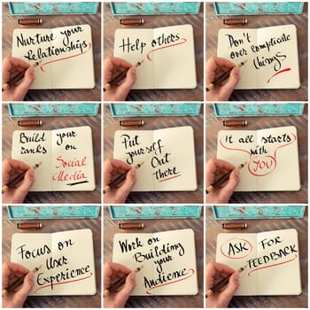 Photo collage of handwritten business motivational messages. Retro effect and toned image of a woman hand writing a note with fountain pen on a notebook as business concept image.