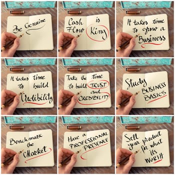 Photo collage of handwritten business motivational messages. Retro effect and toned image of a woman hand writing a note with fountain pen on a notebook as business concept image.
