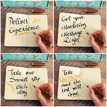 Photo collage of handwritten motivational messages. Retro effect and toned image of a woman hand writing a note with fountain pen on a notebook as business concept image.