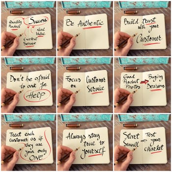 Photo collage of handwritten business motivational messages. Retro effect and toned image of a woman hand writing a note with fountain pen on a notebook as business concept image.