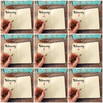 Photo collage of days 1st to 9th of month February handwritten with fountain pen on a notebook