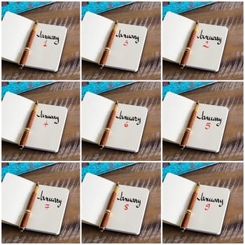 Photo collage of days 1st to 9th of month January handwritten with fountain pen on a notebook