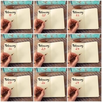 Photo collage of days 19th to 27th of month February handwritten with fountain pen on a notebook