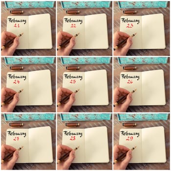 Photo collage of days 10th to 18th of month February handwritten with fountain pen on a notebook