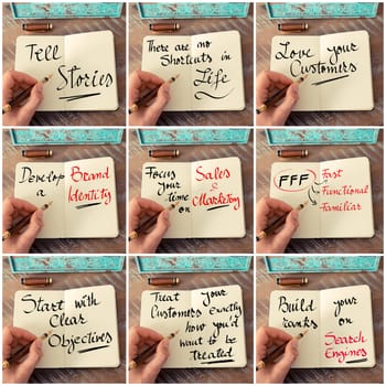 Photo collage of handwritten business motivational messages. Retro effect and toned image of a woman hand writing a note with fountain pen on a notebook as business concept image.