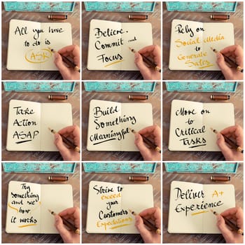 Photo collage of handwritten motivational messages. Retro effect and toned image of a woman hand writing a note with fountain pen on a notebook as business concept image.
