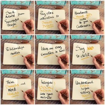 Photo collage of handwritten motivational messages. Retro effect and toned image of a woman hand writing a note with fountain pen on a notebook as business concept image.