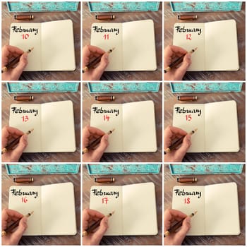 Photo collage of days 10th to 18th of month February handwritten with fountain pen on a notebook
