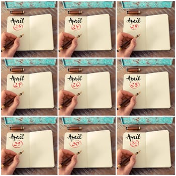 Photo collage of days 23th to 31th of month April handwritten with fountain pen on a notebook