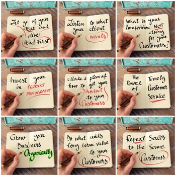 Photo collage of handwritten business motivational messages. Retro effect and toned image of a woman hand writing a note with fountain pen on a notebook as business concept image.