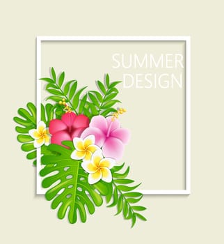 Summer frame with tropical flowers, vector illustration.
