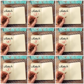 Photo collage of days 1st to 9th of month March handwritten with fountain pen on a notebook