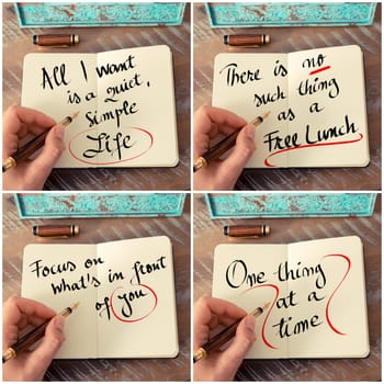 Photo collage of handwritten business motivational messages. Retro effect and toned image of a woman hand writing a note with fountain pen on a notebook as business concept image.