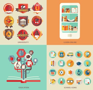 Set the flat elements and icons school and science, university and library , training.