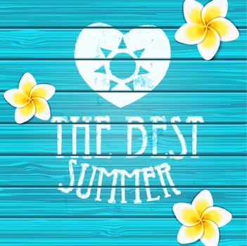 Blue wooden background with flowers and leafs, vector illustration.