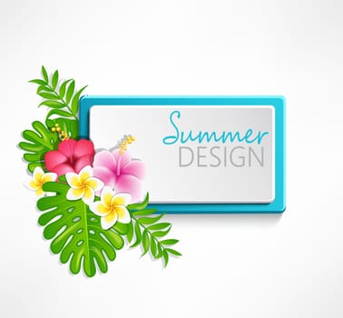 Summer blue frame with tropical flowers, vector illustration.
