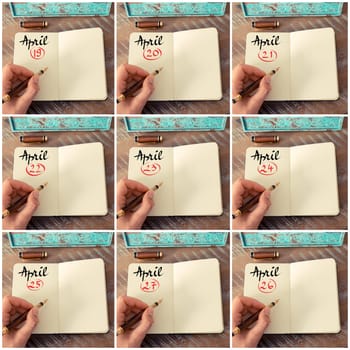 Photo collage of days 19th to 27th of month April handwritten with fountain pen on a notebook