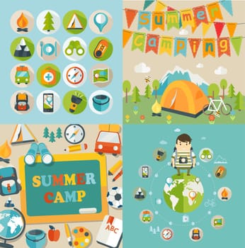 Summer Holiday and Travel themed Summer Camp posters and icons in flat style, vector illustration.