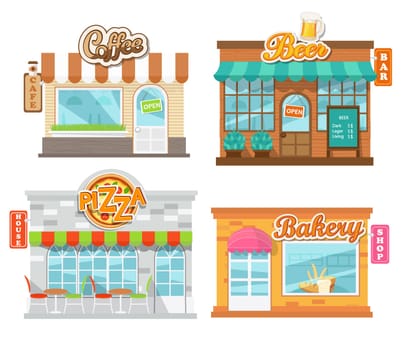 Vector illustration flat cafes and shop: pizza house, beer bar, coffee cafe and bakery shop.