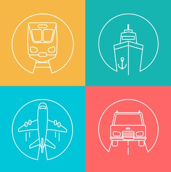 Freight business, express send and deliver autline logo, vector illustration. Flying airplane, Train,Ship and Car.