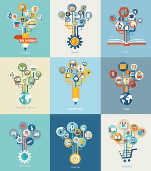 Abstract trees with icons for web design, concept of travel, finance, medical, ecology, start up, commerce,education and science, icons and sign in flat style.