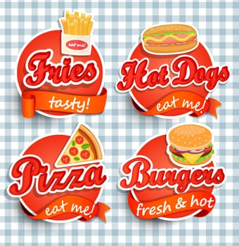 Fast food Label or Sticer - burgers, pizza, hot dog, fries - Design Template. Vector illustration.