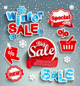Winter sale background with red realistic ribbon. sticker, banner and snow. Sale. Winter sale. Christmas sale. New year sale. Vector illustration