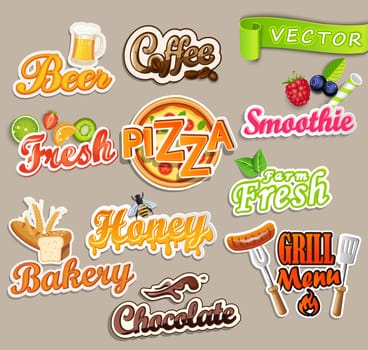 Set of stickers of food - farm fresh and pizza, fresh juice and grill, beer and bakery, chocolate and coffee, smoothie and honey.