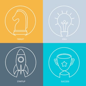 Outline web icon set - startup, idea, target, success. Modern vector logo collection concept.